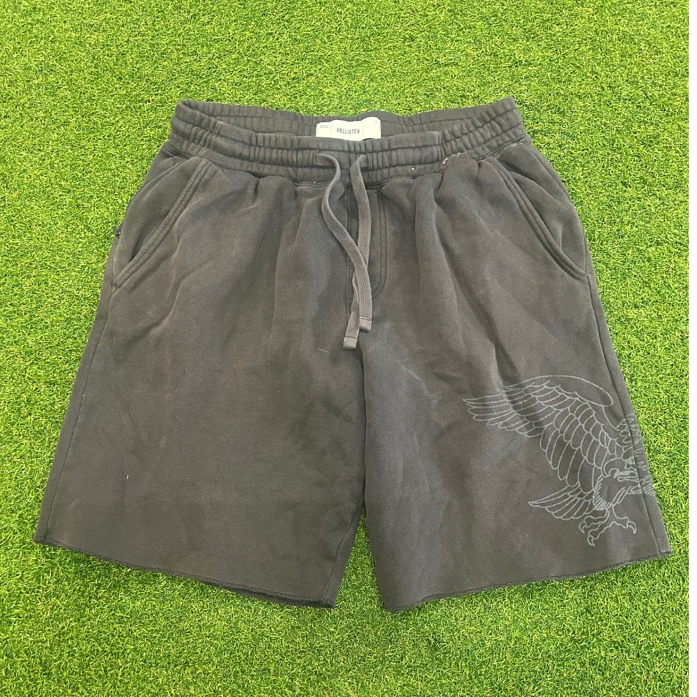 Hollister Mens Fleece Sweat Shorts Black Eagle Graphic Raw Hem Size Large